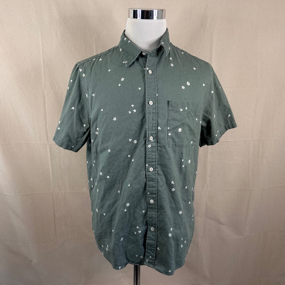 Madewell Medium Perfect Fit Button Front Shirt Green Mushroom Floral Hemp Blend - Picture 2 of 7